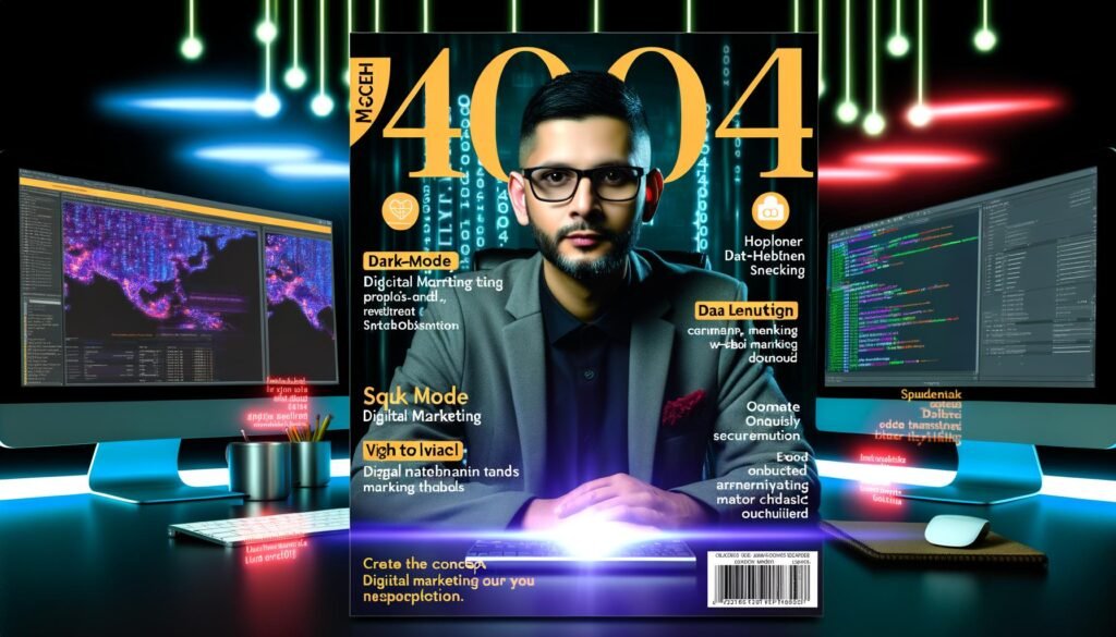 Digital Marketer an einem modernen Arbeitsplatz, umgeben von SQL-Screens, Marketing-Dashboards und Symbolen von BigQuery, Tableau und Metabase, in neonbeleuchteter Hightech-Atmosphäre auf dem Cover des 404 Magazine.