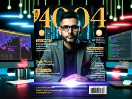 Digital Marketer an einem modernen Arbeitsplatz, umgeben von SQL-Screens, Marketing-Dashboards und Symbolen von BigQuery, Tableau und Metabase, in neonbeleuchteter Hightech-Atmosphäre auf dem Cover des 404 Magazine.
