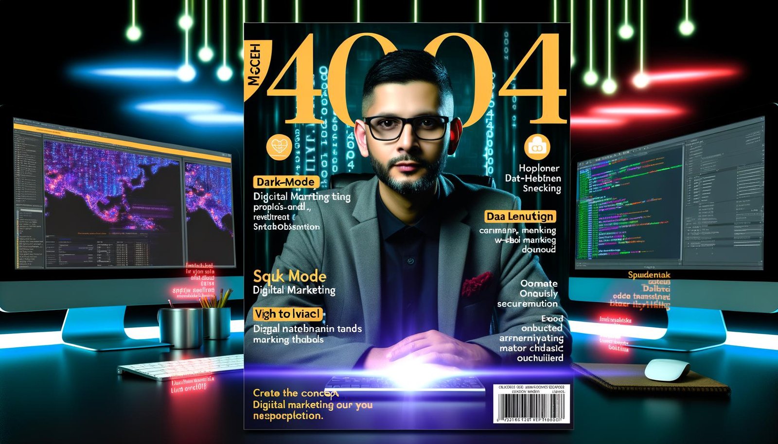 Digital Marketer an einem modernen Arbeitsplatz, umgeben von SQL-Screens, Marketing-Dashboards und Symbolen von BigQuery, Tableau und Metabase, in neonbeleuchteter Hightech-Atmosphäre auf dem Cover des 404 Magazine.