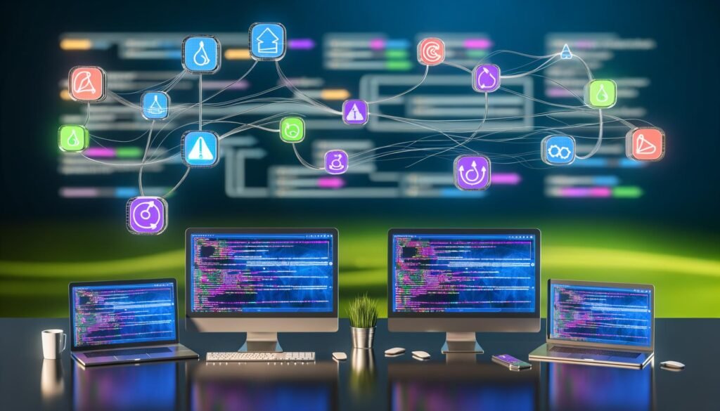 Moderner, organisierter Workspace mit Builder.io Editor auf mehreren Bildschirmen, symbolischen Verbindungen zu REST-API, Webhooks, Slack, GitHub, Zapier und abstrahierten Prozessdiagrammen im Hintergrund.