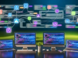 Moderner, organisierter Workspace mit Builder.io Editor auf mehreren Bildschirmen, symbolischen Verbindungen zu REST-API, Webhooks, Slack, GitHub, Zapier und abstrahierten Prozessdiagrammen im Hintergrund.