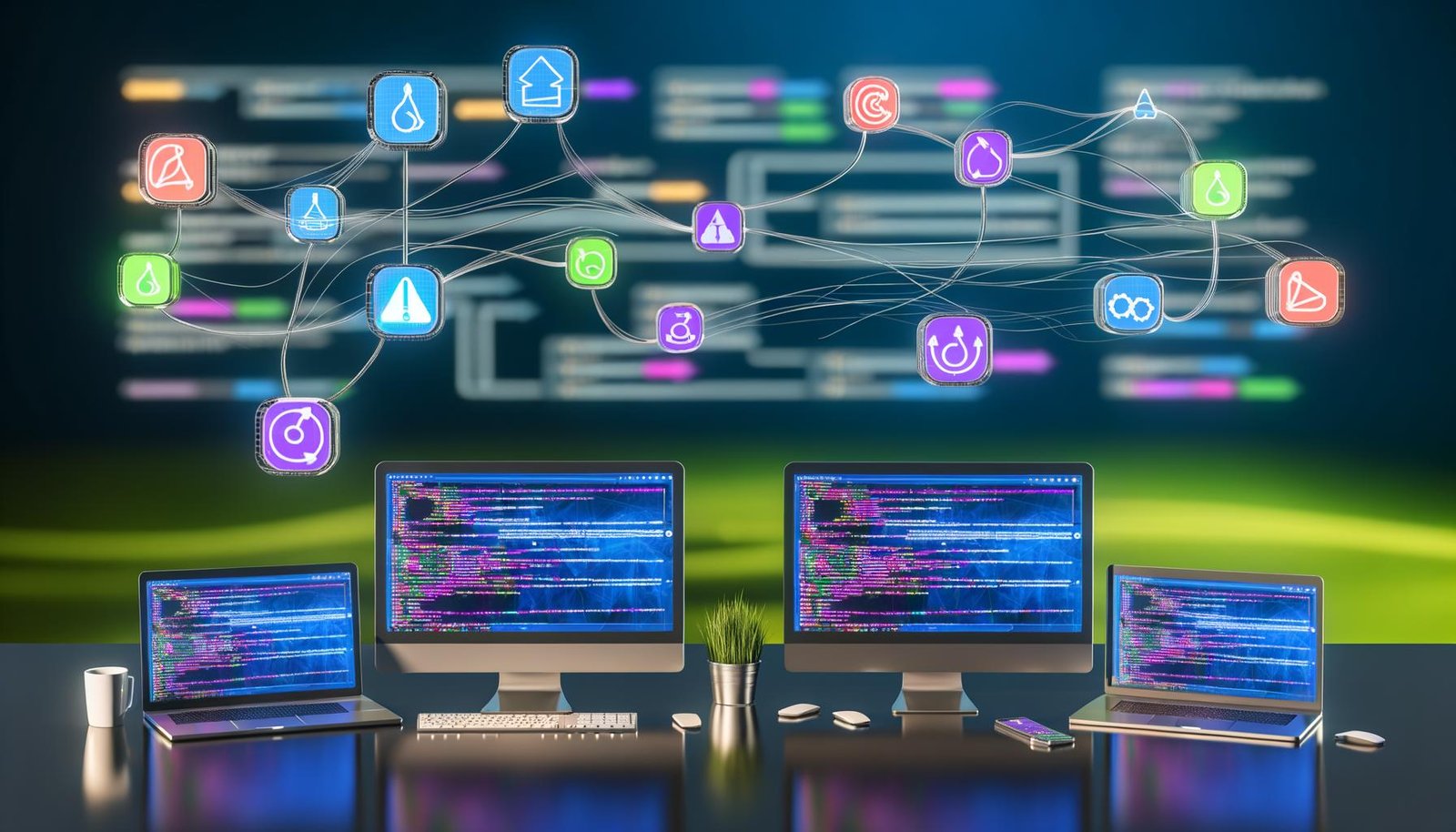 Moderner, organisierter Workspace mit Builder.io Editor auf mehreren Bildschirmen, symbolischen Verbindungen zu REST-API, Webhooks, Slack, GitHub, Zapier und abstrahierten Prozessdiagrammen im Hintergrund.