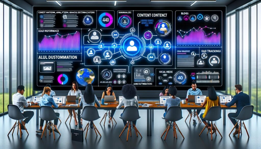 Modernes, futuristisches Großraumbüro mit mehreren Marketing-Fachleuten, die an Laptops und Tablets arbeiten. Zentrale große Screens mit Visualisierung von Content-Performance, Lead-Tracking und Automatisierung. Sichtbare Datenflüsse und diverse Content-Kanäle.