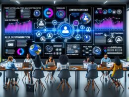 Modernes, futuristisches Großraumbüro mit mehreren Marketing-Fachleuten, die an Laptops und Tablets arbeiten. Zentrale große Screens mit Visualisierung von Content-Performance, Lead-Tracking und Automatisierung. Sichtbare Datenflüsse und diverse Content-Kanäle.