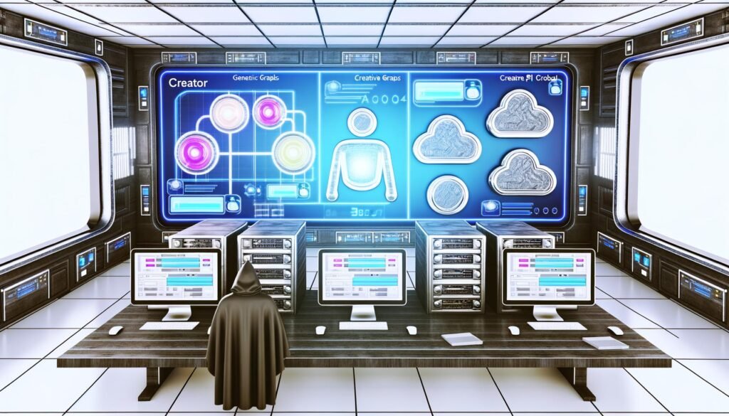 Stilisierter Maschinenraum mit Touchscreens, Builder.io-Oberfläche, API-Graphen, leuchtenden Datenströmen und einem Creator im Hoodie, der das Setup bedient.