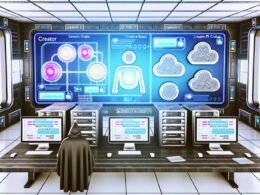 Stilisierter Maschinenraum mit Touchscreens, Builder.io-Oberfläche, API-Graphen, leuchtenden Datenströmen und einem Creator im Hoodie, der das Setup bedient.