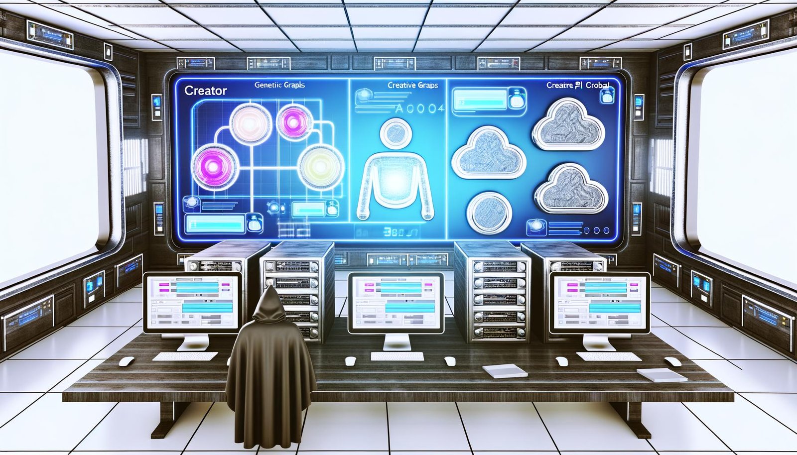 Stilisierter Maschinenraum mit Touchscreens, Builder.io-Oberfläche, API-Graphen, leuchtenden Datenströmen und einem Creator im Hoodie, der das Setup bedient.