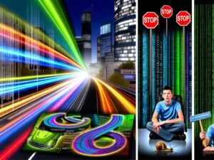 Visualisierte Datenbanklandschaft mit dynamischen SQL-Abfragen, Performance-Bottlenecks, Entwickler im Code-Dschungel, optimierten Tabellen und Best-Practice-Checklisten zur Verbesserung von SQL-Queries.