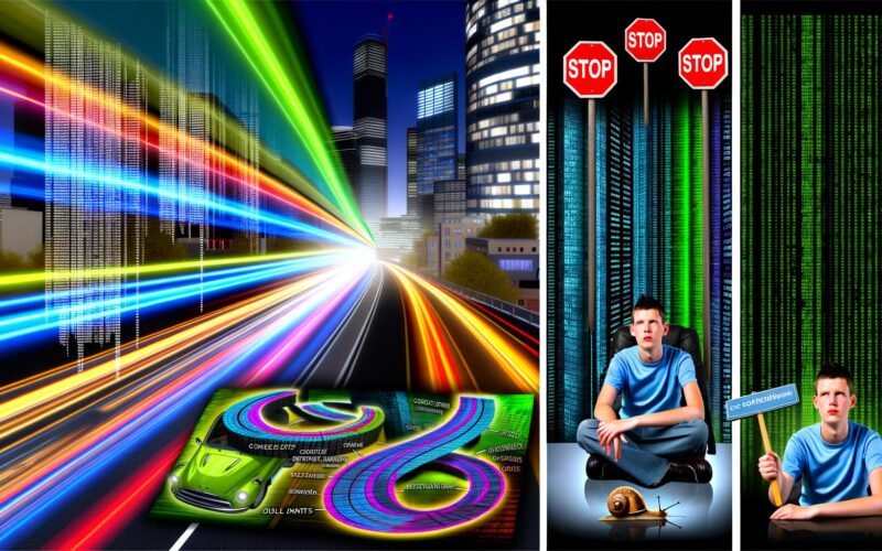 Visualisierte Datenbanklandschaft mit dynamischen SQL-Abfragen, Performance-Bottlenecks, Entwickler im Code-Dschungel, optimierten Tabellen und Best-Practice-Checklisten zur Verbesserung von SQL-Queries.