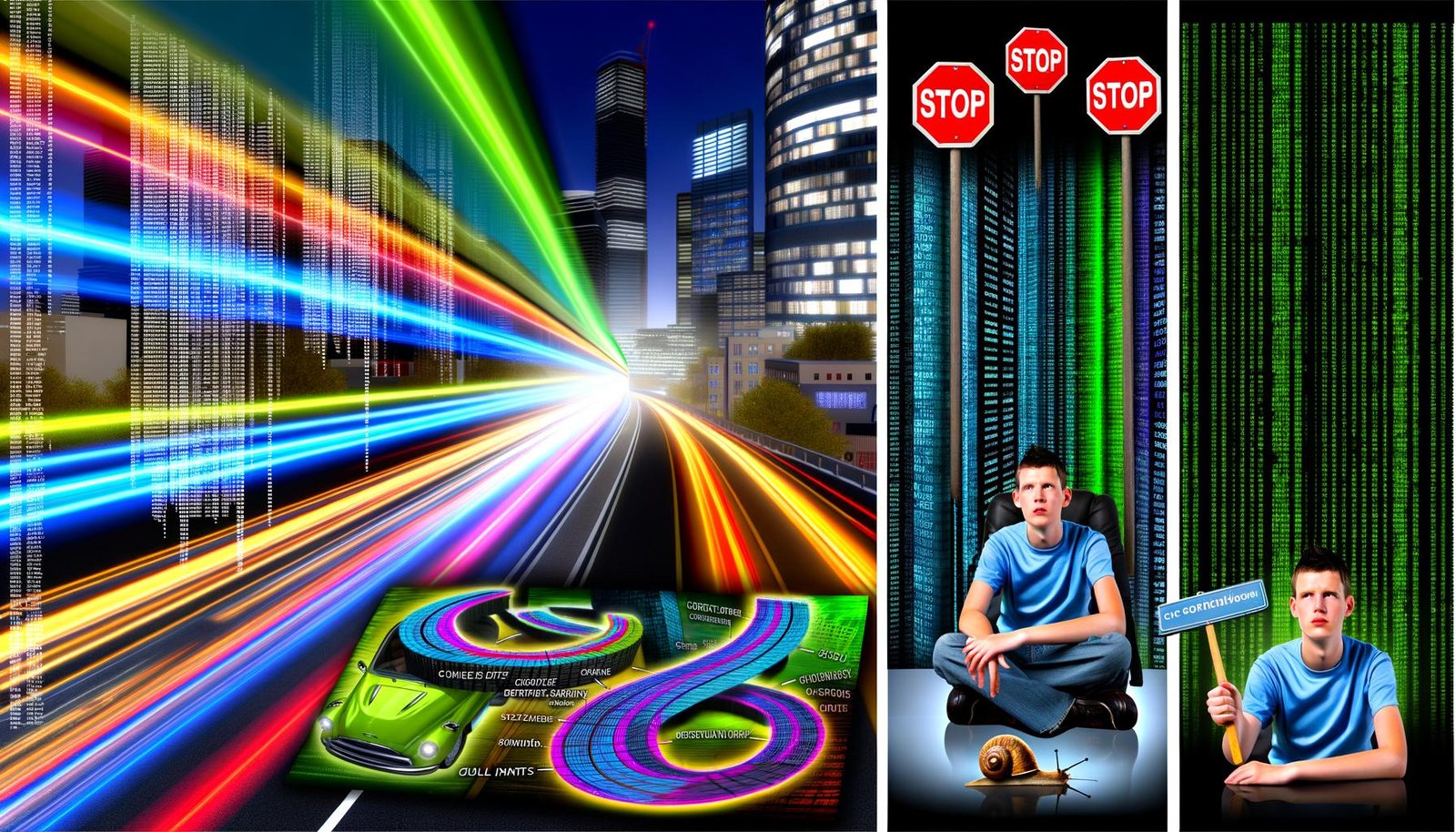 Visualisierte Datenbanklandschaft mit dynamischen SQL-Abfragen, Performance-Bottlenecks, Entwickler im Code-Dschungel, optimierten Tabellen und Best-Practice-Checklisten zur Verbesserung von SQL-Queries.