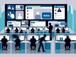 Menschen im modernen Büro vor Monitoren mit Facebook-Seiten, Warnmeldungen und Statistiken. Im Hintergrund Schattenfiguren mit Lösch- und Blockier-Buttons. Digitale, kühle Atmosphäre.