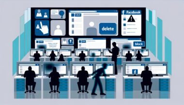Menschen im modernen Büro vor Monitoren mit Facebook-Seiten, Warnmeldungen und Statistiken. Im Hintergrund Schattenfiguren mit Lösch- und Blockier-Buttons. Digitale, kühle Atmosphäre.