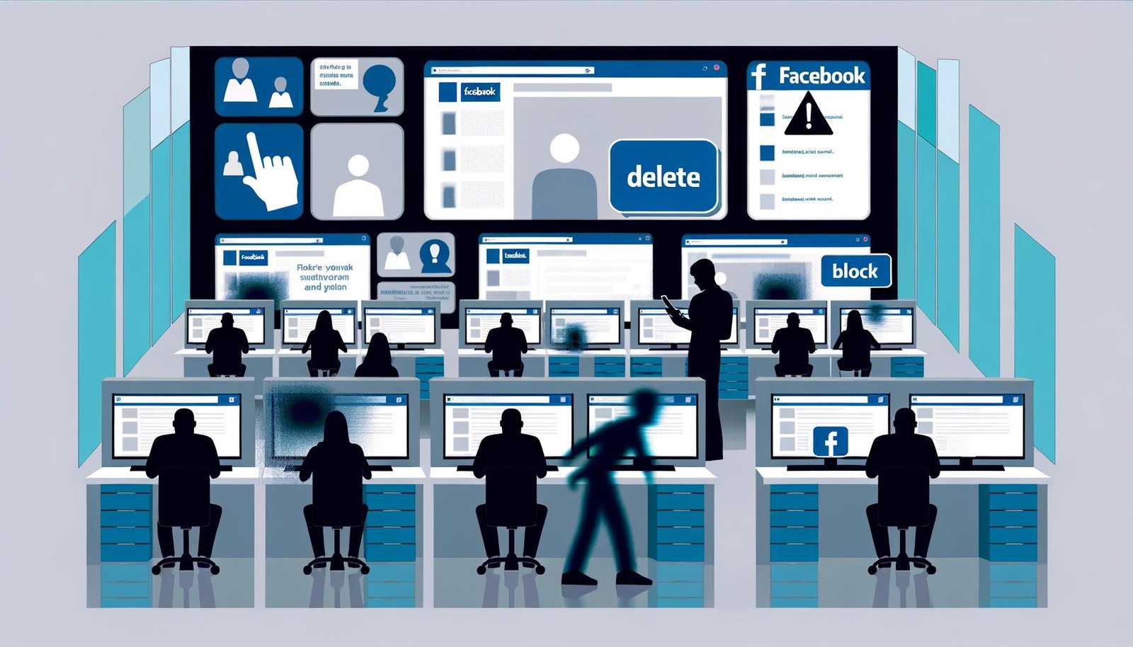 Menschen im modernen Büro vor Monitoren mit Facebook-Seiten, Warnmeldungen und Statistiken. Im Hintergrund Schattenfiguren mit Lösch- und Blockier-Buttons. Digitale, kühle Atmosphäre.