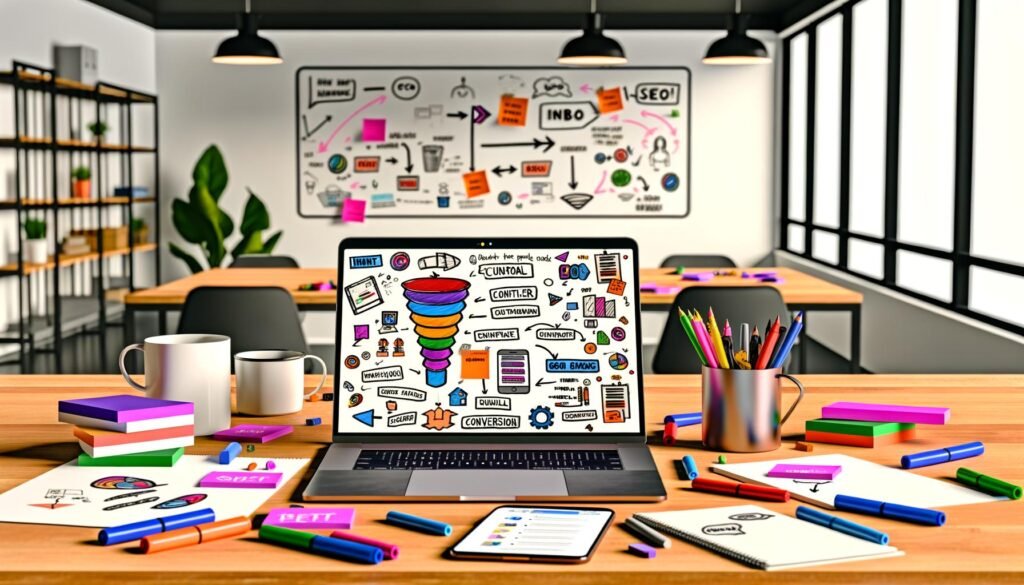 Dynamische Schreibtisch-Szene in einem stylischen Open-Office mit Laptop, Content-Vorlage, SEO-Tools, Redaktionskalender, Whiteboard mit Buyer Personas und Post-Its für Content-Marketing.