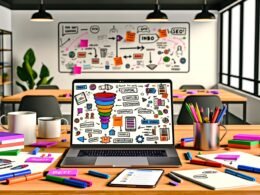 Dynamische Schreibtisch-Szene in einem stylischen Open-Office mit Laptop, Content-Vorlage, SEO-Tools, Redaktionskalender, Whiteboard mit Buyer Personas und Post-Its für Content-Marketing.