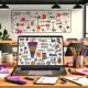 Dynamische Schreibtisch-Szene in einem stylischen Open-Office mit Laptop, Content-Vorlage, SEO-Tools, Redaktionskalender, Whiteboard mit Buyer Personas und Post-Its für Content-Marketing.
