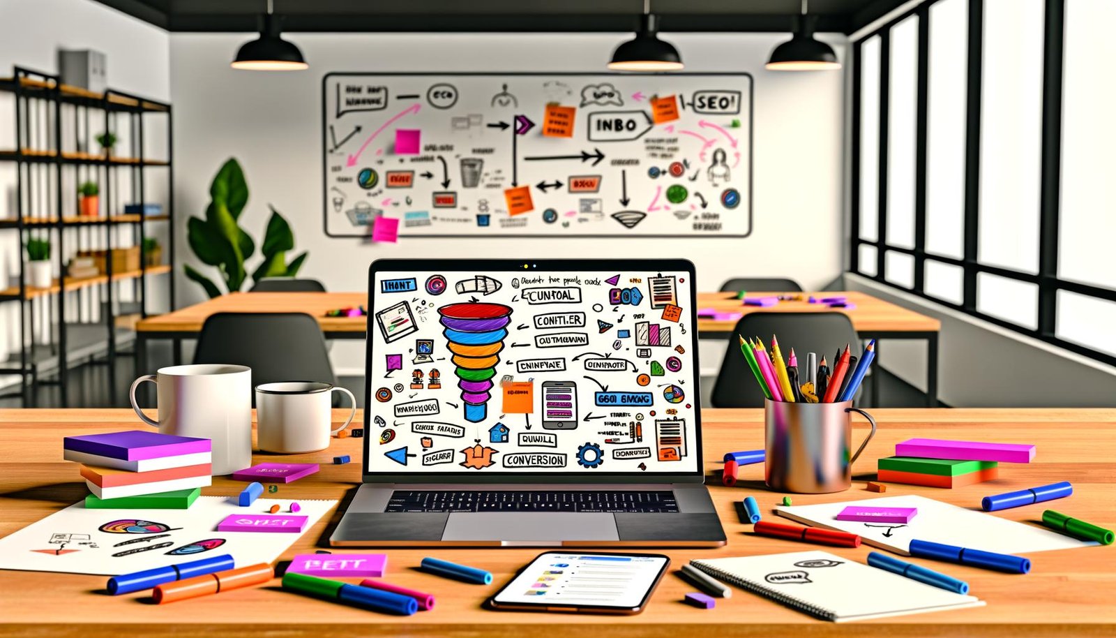 Dynamische Schreibtisch-Szene in einem stylischen Open-Office mit Laptop, Content-Vorlage, SEO-Tools, Redaktionskalender, Whiteboard mit Buyer Personas und Post-Its für Content-Marketing.