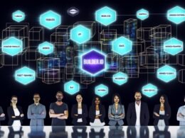 Futuristische Bürorszene mit vielfältigem Team vor holographischer Tafel, die Builder.io, Headless, APIs, Microservices und Frontend-Frameworks zeigt. Im Hintergrund verblassen Monolithen wie WordPress und Drupal.