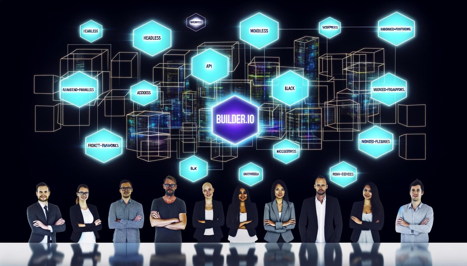 Futuristische Bürorszene mit vielfältigem Team vor holographischer Tafel, die Builder.io, Headless, APIs, Microservices und Frontend-Frameworks zeigt. Im Hintergrund verblassen Monolithen wie WordPress und Drupal.