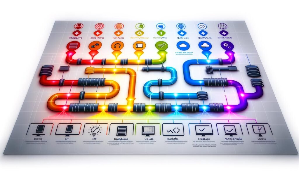 Infografik einer modernen, mehrstufigen Datenpipeline: Datenquellen fließen durch Staging, SQL-Transformation, Qualitätschecks hin zu Data Warehouse, Dashboard, API und ML-Modell, im klaren technischen Editorial-Stil.