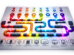Infografik einer modernen, mehrstufigen Datenpipeline: Datenquellen fließen durch Staging, SQL-Transformation, Qualitätschecks hin zu Data Warehouse, Dashboard, API und ML-Modell, im klaren technischen Editorial-Stil.
