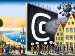 Illustration eines riesigen Facebook-Logos als Mauer in einer deutschen Stadt, die Kommunikation von Menschen durch Algorithmen und das NetzDG filtert und zensiert.