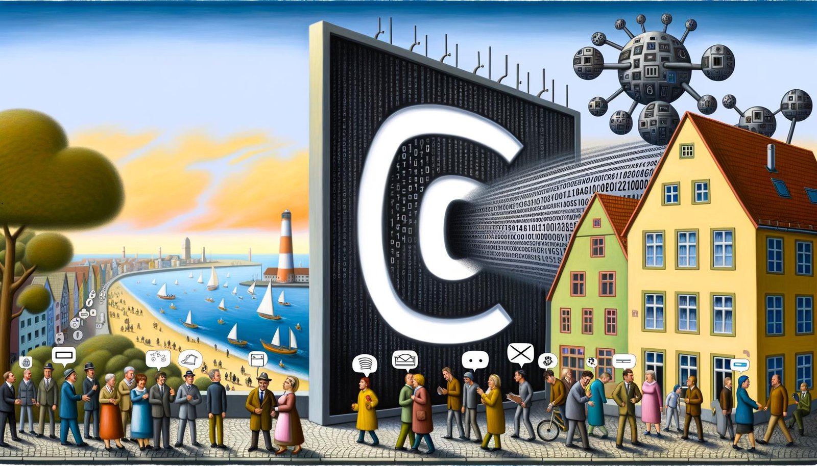 Illustration eines riesigen Facebook-Logos als Mauer in einer deutschen Stadt, die Kommunikation von Menschen durch Algorithmen und das NetzDG filtert und zensiert.