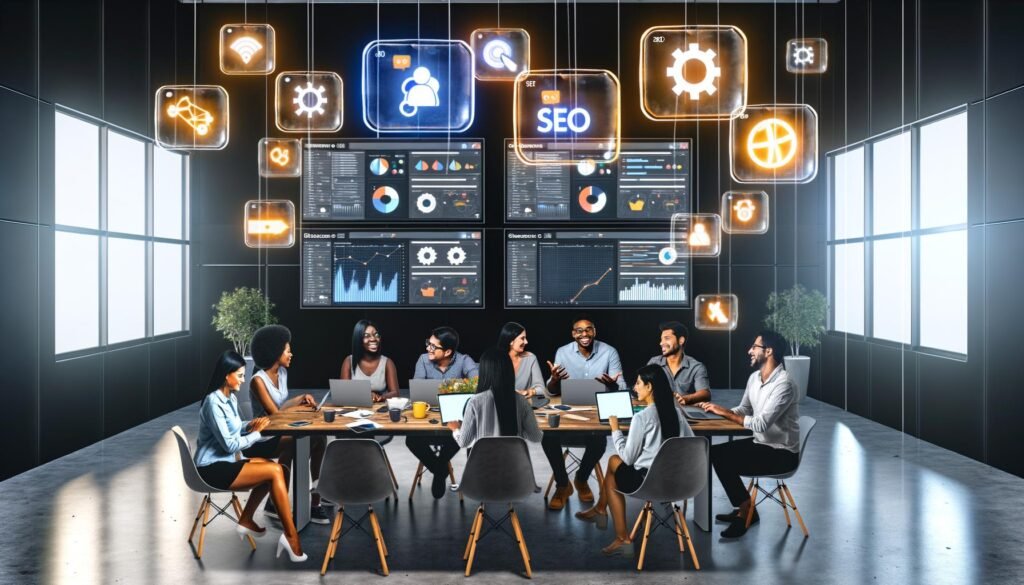 Team arbeitet im modernen Büro mit digitalen Bildschirmen für Analyse, SEO und Projektmanagement, umgeben von Symbolen für Automatisierung und Workflow.