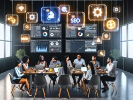 Team arbeitet im modernen Büro mit digitalen Bildschirmen für Analyse, SEO und Projektmanagement, umgeben von Symbolen für Automatisierung und Workflow.