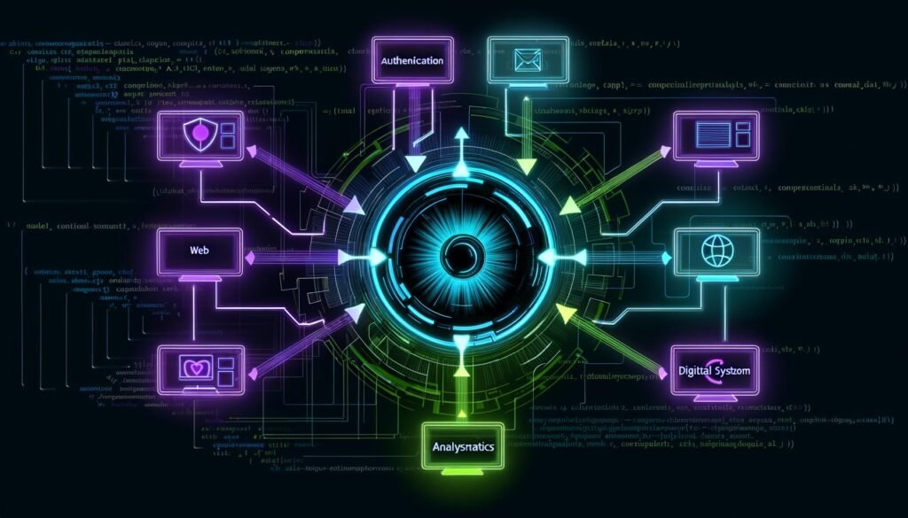Moderne, dynamische Illustration einer dezentralen CMS-Infrastruktur mit schwebendem Builder.io-Logo, leuchtenden API-Verbindungen, modularen Microservices und vielseitigen Frontends in futuristischen Neonfarben.