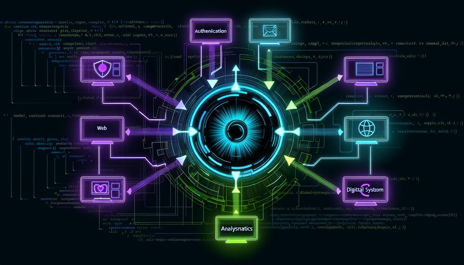 Moderne, dynamische Illustration einer dezentralen CMS-Infrastruktur mit schwebendem Builder.io-Logo, leuchtenden API-Verbindungen, modularen Microservices und vielseitigen Frontends in futuristischen Neonfarben.