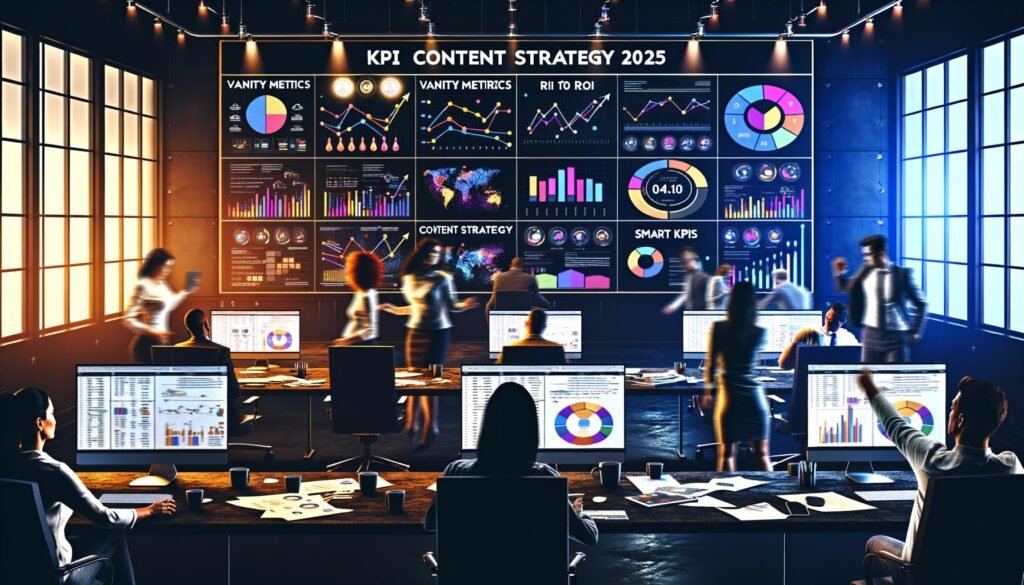 Moderne Redaktion mit mehreren Monitoren zeigt bunte KPI-Diagramme, während Content-Profis Daten analysieren und Projekte steuern. Banner mit ‚KPI Content Strategie 2025‘ leuchtet im Hintergrund.