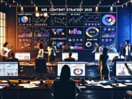 Moderne Redaktion mit mehreren Monitoren zeigt bunte KPI-Diagramme, während Content-Profis Daten analysieren und Projekte steuern. Banner mit ‚KPI Content Strategie 2025‘ leuchtet im Hintergrund.