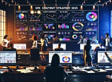 Moderne Redaktion mit mehreren Monitoren zeigt bunte KPI-Diagramme, während Content-Profis Daten analysieren und Projekte steuern. Banner mit ‚KPI Content Strategie 2025‘ leuchtet im Hintergrund.