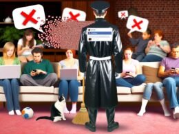 Wohnzimmer-Szene mit Menschen unterschiedlicher Generationen, die auf Sofas sitzen, entspannen oder diskutieren, während ein Hausmeister mit Facebook-Logo kontrollierend im Hintergrund Sprechblasen durchstreicht.