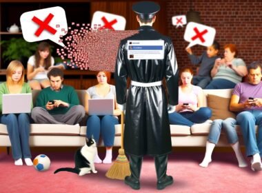 Wohnzimmer-Szene mit Menschen unterschiedlicher Generationen, die auf Sofas sitzen, entspannen oder diskutieren, während ein Hausmeister mit Facebook-Logo kontrollierend im Hintergrund Sprechblasen durchstreicht.
