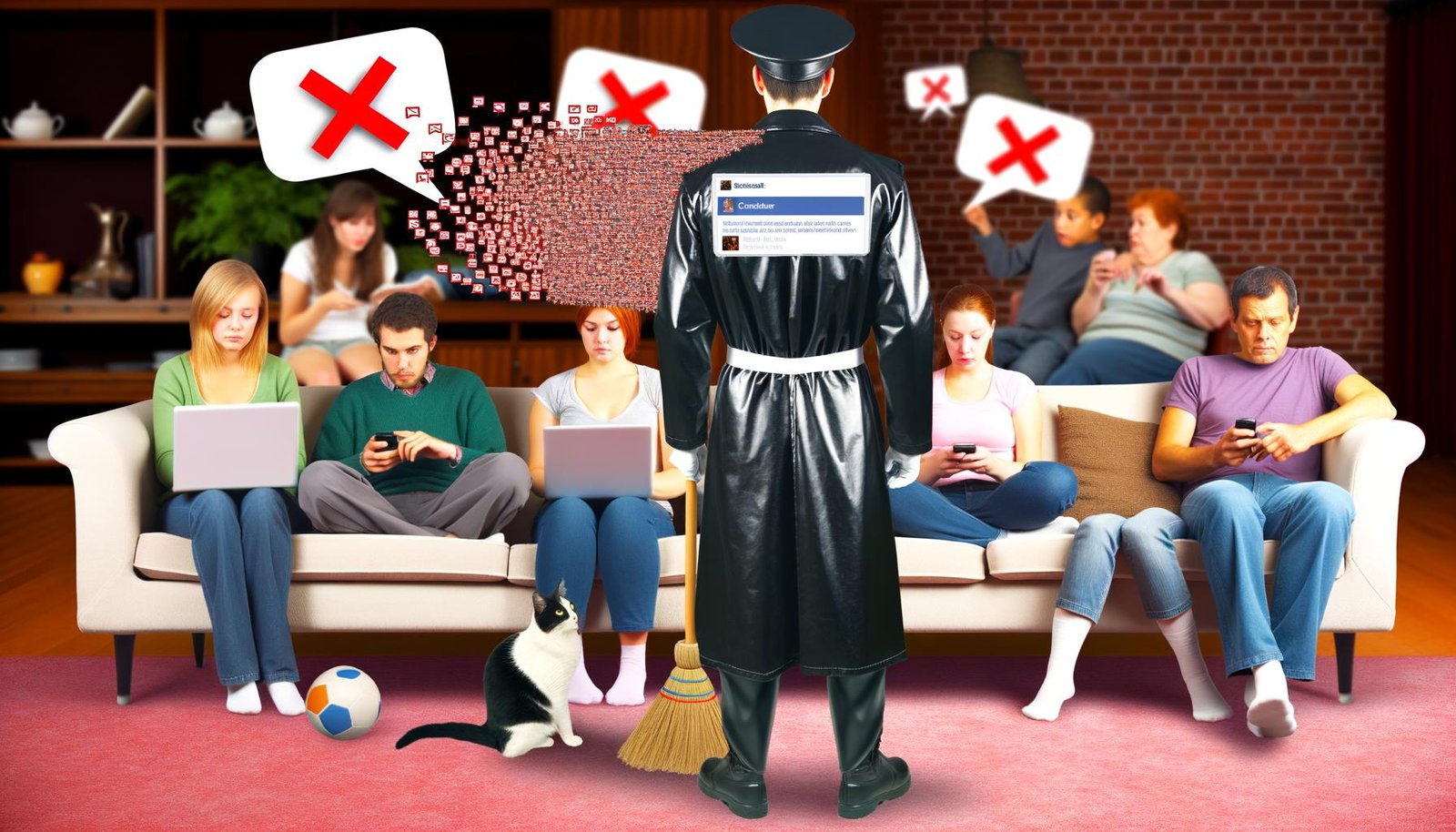 Wohnzimmer-Szene mit Menschen unterschiedlicher Generationen, die auf Sofas sitzen, entspannen oder diskutieren, während ein Hausmeister mit Facebook-Logo kontrollierend im Hintergrund Sprechblasen durchstreicht.