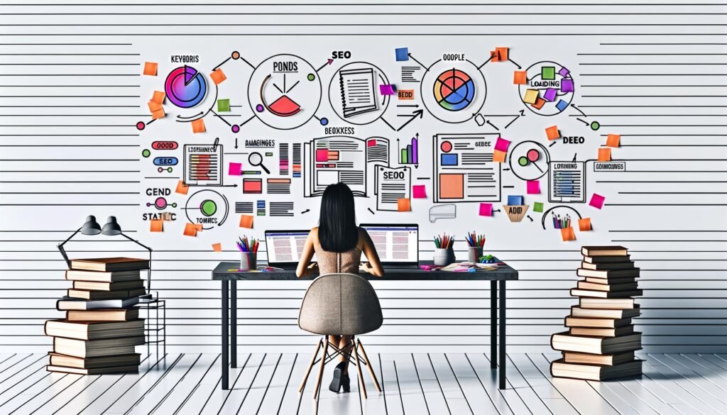 Moderne Redaktionsszene mit Person an Schreibtisch, umgeben von Laptops, Dokumenten, farbigen Markern, Post-its und digitalen SEO-Icons vor einem hellen, professionellen Hintergrund.