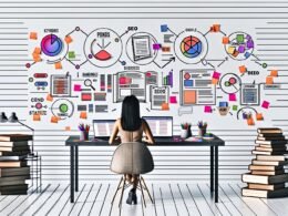 Moderne Redaktionsszene mit Person an Schreibtisch, umgeben von Laptops, Dokumenten, farbigen Markern, Post-its und digitalen SEO-Icons vor einem hellen, professionellen Hintergrund.