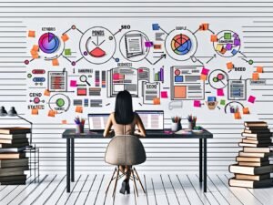 Moderne Redaktionsszene mit Person an Schreibtisch, umgeben von Laptops, Dokumenten, farbigen Markern, Post-its und digitalen SEO-Icons vor einem hellen, professionellen Hintergrund.