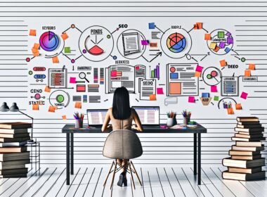 Moderne Redaktionsszene mit Person an Schreibtisch, umgeben von Laptops, Dokumenten, farbigen Markern, Post-its und digitalen SEO-Icons vor einem hellen, professionellen Hintergrund.