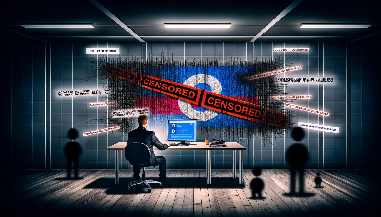 Deutscher Marketer am Schreibtisch, Facebook-Logo mit roten Zensur-Bändern, algorithmische Ketten, Gesetze wie NetzDG und DSA, düstere Moderatorenfiguren und deutsche Skyline im Hintergrund.