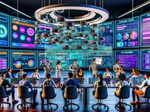 Futuristisches Marketingbüro mit vielfältigem Team an modernen Computern, die SQL-Abfragen, Dashboards, ER-Diagramme und Marketinganalysen auf Bildschirmen zeigen. Eine Person erklärt ein SQL-Modell am transparenten Whiteboard.