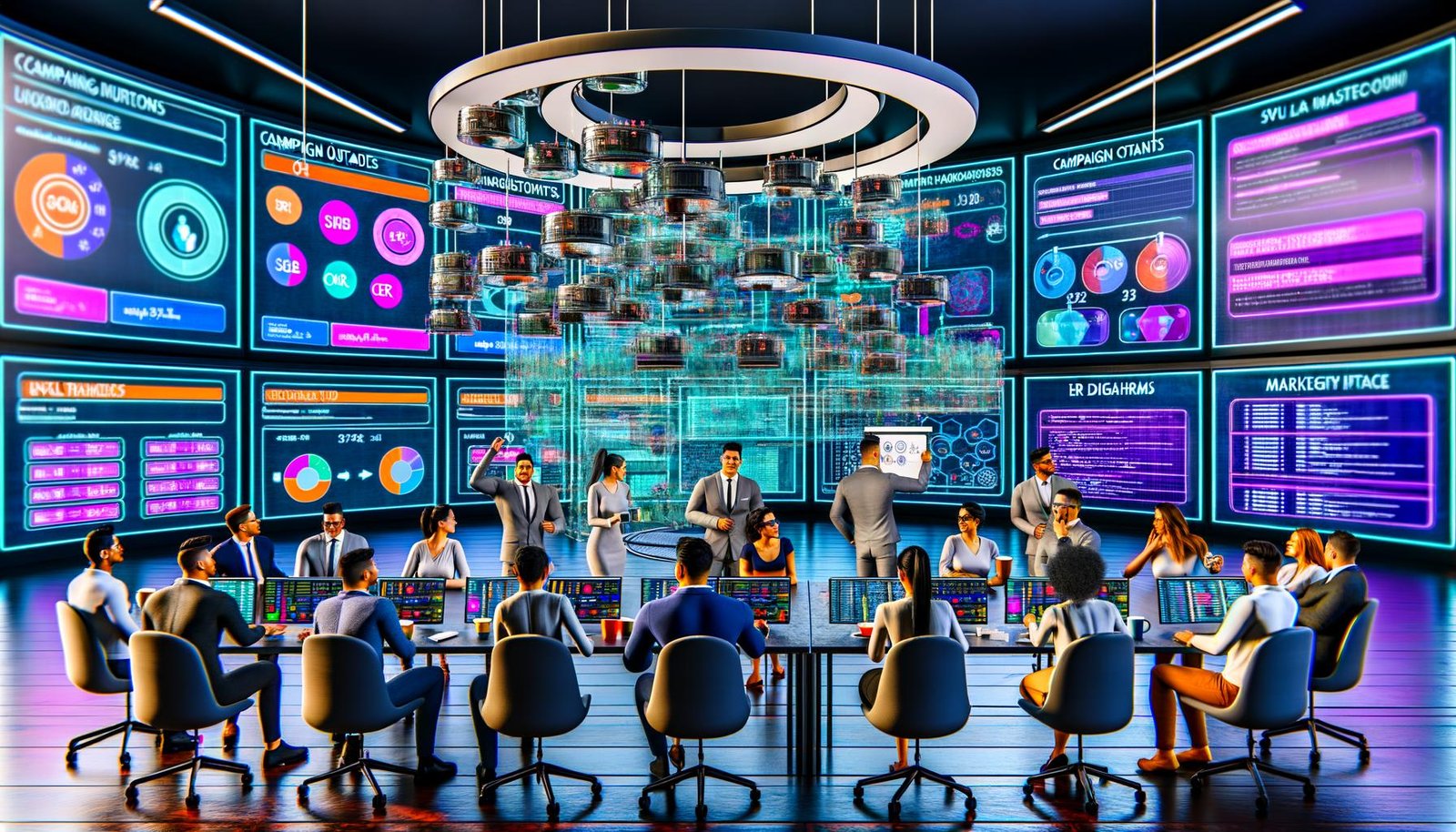 Futuristisches Marketingbüro mit vielfältigem Team an modernen Computern, die SQL-Abfragen, Dashboards, ER-Diagramme und Marketinganalysen auf Bildschirmen zeigen. Eine Person erklärt ein SQL-Modell am transparenten Whiteboard.