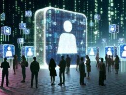 Virtueller Marktplatz mit Menschen verschiedener Meinungen, getrennt durch Datenwände, übergroßen Facebook-Logos und patrouillierenden Moderatoren mit digitalen 'Gesperrt' und 'Gelöscht'-Stempeln.