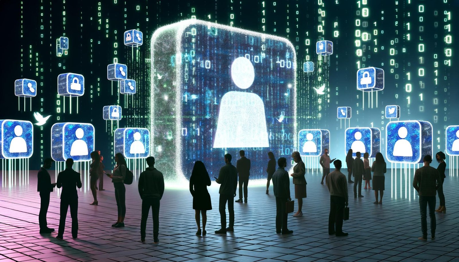 Virtueller Marktplatz mit Menschen verschiedener Meinungen, getrennt durch Datenwände, übergroßen Facebook-Logos und patrouillierenden Moderatoren mit digitalen 'Gesperrt' und 'Gelöscht'-Stempeln.