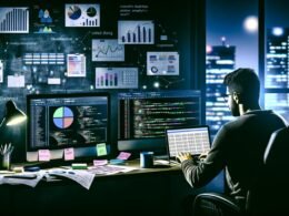 Marketer bei nächtlicher Analysearbeit mit SQL-Code am Laptop, umgeben von ausgedruckten Dashboards, Kaffeetassen und Notizzetteln in einem modern beleuchteten Workspace.