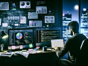 Marketer bei nächtlicher Analysearbeit mit SQL-Code am Laptop, umgeben von ausgedruckten Dashboards, Kaffeetassen und Notizzetteln in einem modern beleuchteten Workspace.