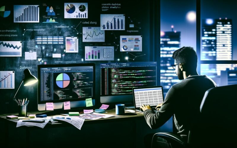 Marketer bei nächtlicher Analysearbeit mit SQL-Code am Laptop, umgeben von ausgedruckten Dashboards, Kaffeetassen und Notizzetteln in einem modern beleuchteten Workspace.