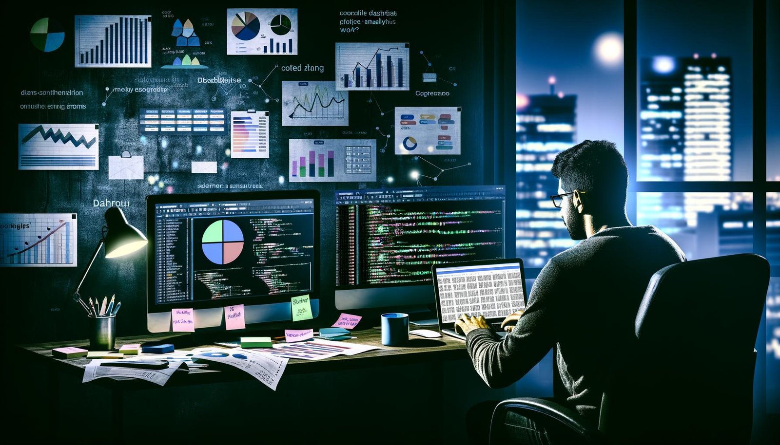 Marketer bei nächtlicher Analysearbeit mit SQL-Code am Laptop, umgeben von ausgedruckten Dashboards, Kaffeetassen und Notizzetteln in einem modern beleuchteten Workspace.